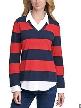 TOMMY HILFIGER Layered-Look Collared Rugby-Striped Sweater